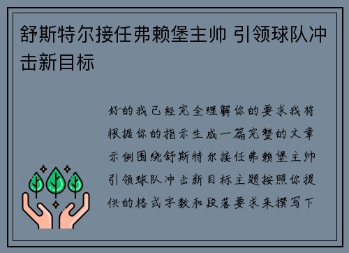 舒斯特尔接任弗赖堡主帅 引领球队冲击新目标